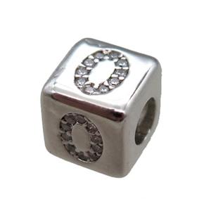 copper cube letter-O beads pave zircon, platinum plated, approx 8x8mm