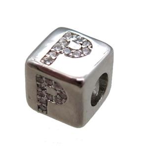 copper cube letter-P beads pave zircon, platinum plated, approx 8x8mm