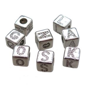 copper cube letter beads pzve zircon, large hole, mixed alphabet, platinum plated, approx 8x8mm