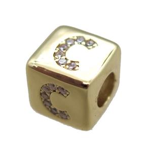 copper cube letter-C beads pave zircon, gold plated, approx 8x8mm