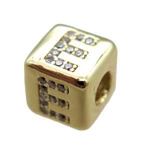 copper cube letter-E beads pave zircon, gold plated, approx 8x8mm