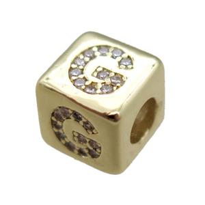 copper cube letter-G beads pave zircon, gold plated, approx 8x8mm