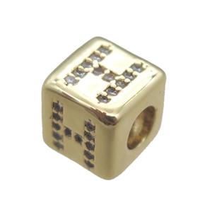 copper cube letter-H beads pave zircon, gold plated, approx 8x8mm