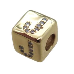 copper cube letter-J beads pave zircon, gold plated, approx 8x8mm