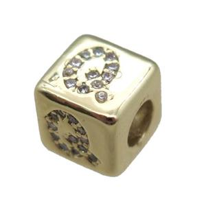 copper cube letter-Q beads pave zircon, gold plated, approx 8x8mm