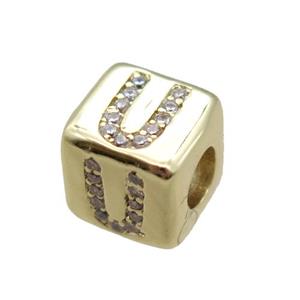 copper cube letter-U beads pave zircon, gold plated, approx 8x8mm