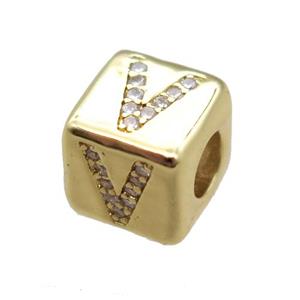 copper cube letter-V beads pave zircon, gold plated, approx 8x8mm