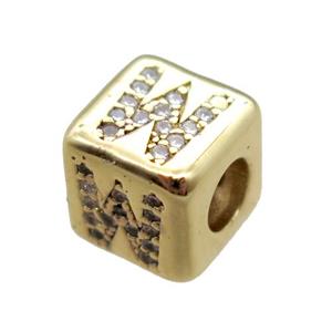 copper cube letter-W beads pave zircon, gold plated, approx 8x8mm