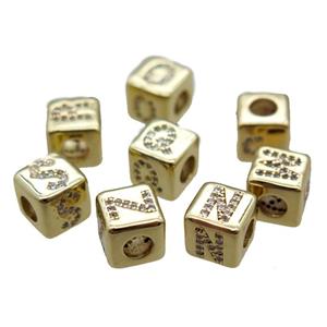 copper cube letter beads pzve zircon, mixed alphabet, large hole, gold plated, approx 8x8mm