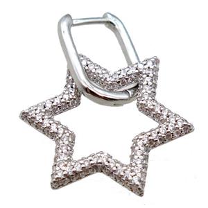 copper Latchback Earrings pave zircon, star, platinum plated, approx 22mm, 12-16mm
