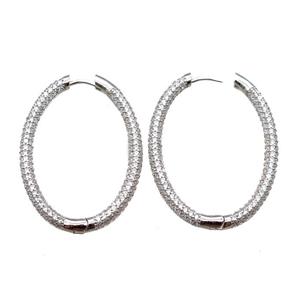 copper Latchback Earrings pave zircon, oval, platinum plated, approx 30-45mm