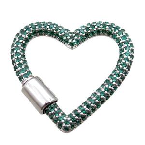 copper heart carabiner lock pendant paved zircon, screw, platinum plated, approx 31-34mm