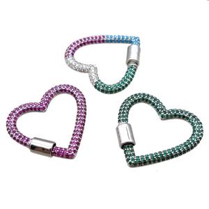 copper heart carabiner lock pendant paved zircon, screw, platinum plated, mixed color, approx 31-34mm