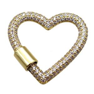 copper heart carabiner lock pendant paved zircon, screw, gold plated, approx 31-34mm