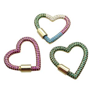copper heart carabiner lock pendant paved zircon, screw, gold plated, mixed, approx 31-34mm