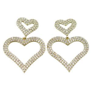 copper stud Earrings pave zircon, heart, gold plated, approx 28mm, 15mm