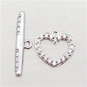 copper toggle clasp paved zircon, heart, platinum plated, approx 12mm, 21mm length