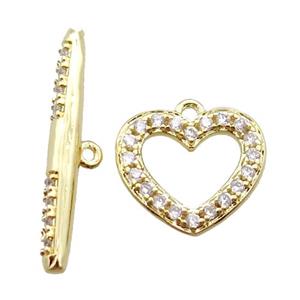 copper toggle clasp paved zircon, heart, gold plated, approx 12mm, 21mm length