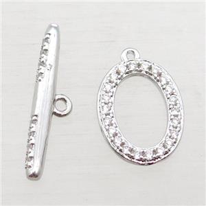 copper toggle clasp paved zircon, oval, platinum plated, approx 11-15mm, 21mm length