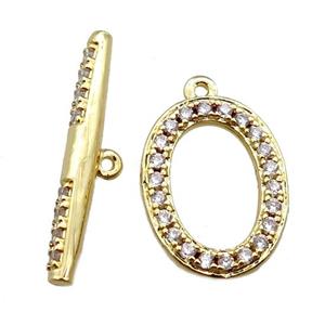 copper toggle clasp paved zircon, oval, gold plated, approx 11-15mm, 21mm length