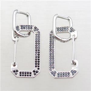 copper Latchback Earrings pave zircon, platinum plated, approx 15-30mm, 12x16mm
