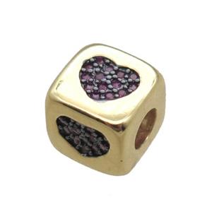 copper cube beads paved zircon, heart, large hole, gold plated, approx 8.5x8.5mm