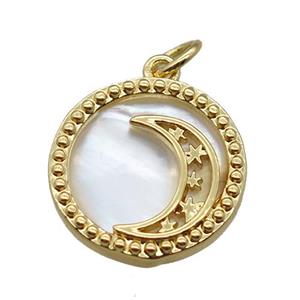 copper circle pendant with moon, shell backing, gold plated, approx 15mm dia