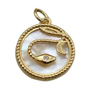 Copper Circle Pendant Pave Shell Snake Gold Plated, approx 15mm dia