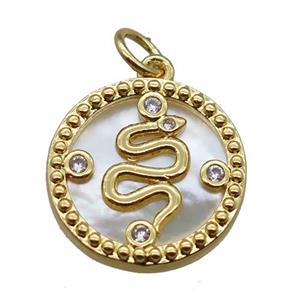 copper circle pendant paved zircon, snake, shell backing, gold plated, approx 15mm dia