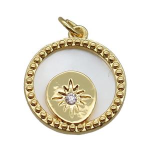 copper circle pendant paved zircon, northstar, shell backing, gold plated, approx 15mm dia