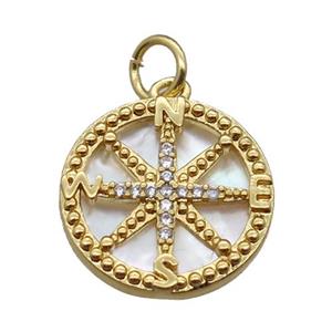 copper circle pendant paved zircon, compass, shell backing, gold plated, approx 15mm dia