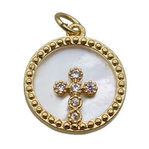 copper circle pendant paved zircon, cross, shell backing, gold plated, approx 15mm dia