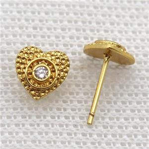 copper stud Earrings pave zircon, heart, gold plated, approx 8mm dia