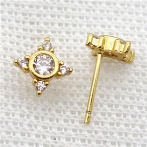 copper stud Earrings pave zircon, star, gold plated, approx 8mm dia