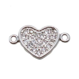 copper heart connector paved zircon, platinum plated, approx 8-10mm