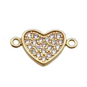 copper heart connector paved zircon, gold plated, approx 8-10mm