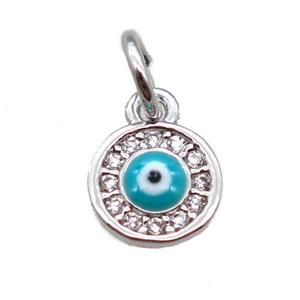 copper circle pendant paved zircon with evil eye, platinum plated, approx 7mm dia