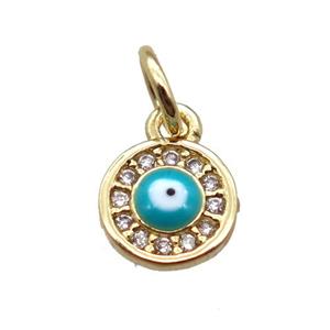 copper circle pendant paved zircon with evil eye, gold plated, approx 7mm dia