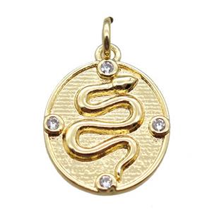 copper oval pendant paved zircon, snake, gold plated, approx 13-15mm
