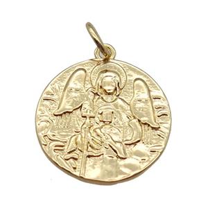 copper circle pendant, Virgin Mary, gold plated, approx 17mm dia