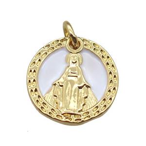 copper circle pendant, Virgin Mary, gold plated, approx 14mm dia