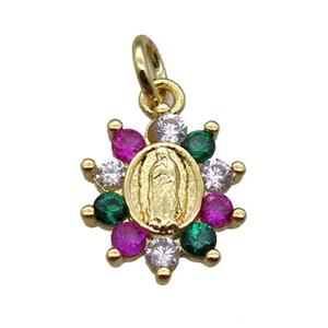 copper flower pendant paved zircon with Virgin Mary, gold plated, approx 10-13mm