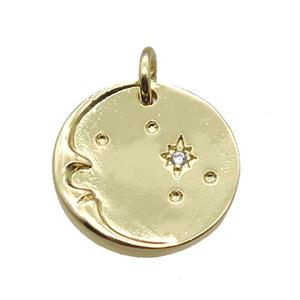 copper circle moon pendant paved zircon with star, gold plated, approx 15mm dia