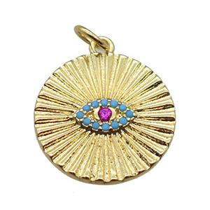 copper circle pendant paved zircon with eye, gold plated, approx 17mm dia