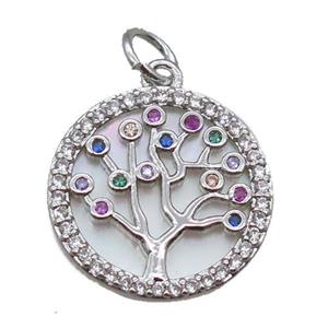 copper circle pendant paved zircon, tree of life, shell backing, platinum plated, approx 15mm dia