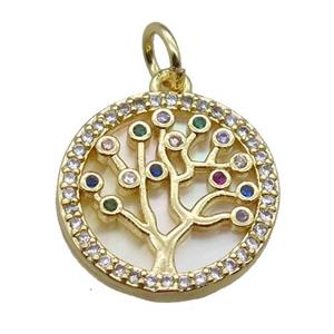 copper circle pendant paved zircon, tree of life, shell backing, gold plated, approx 15mm dia