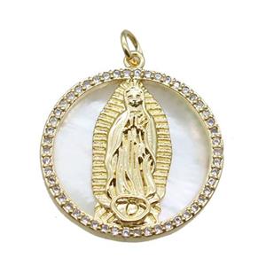 copper circle pendant paved zircon with Virgin Mary, shell backing, gold plated, approx 22mm dia