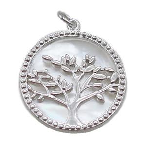 copper circle pendant, tree of life, shell backing, platinum plated, approx 22mm dia
