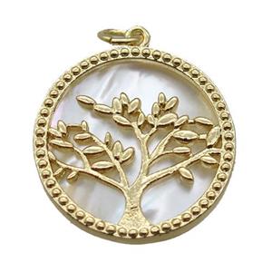 copper circle pendant, tree of life, shell backing, gold plated, approx 22mm dia