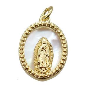 copper oval pendant with Virgin Mary, shell backing, gold plated, approx 12-17mm